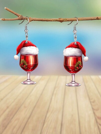 1 Pair Red Christmas Earrings For Women Fashionable And Creative Christmas Hat Wine Glass Acrylic Drop Earrings Female Earrings Birthday Holiday Party Earrings Jewelry Accessories Christmas New Year Gifts