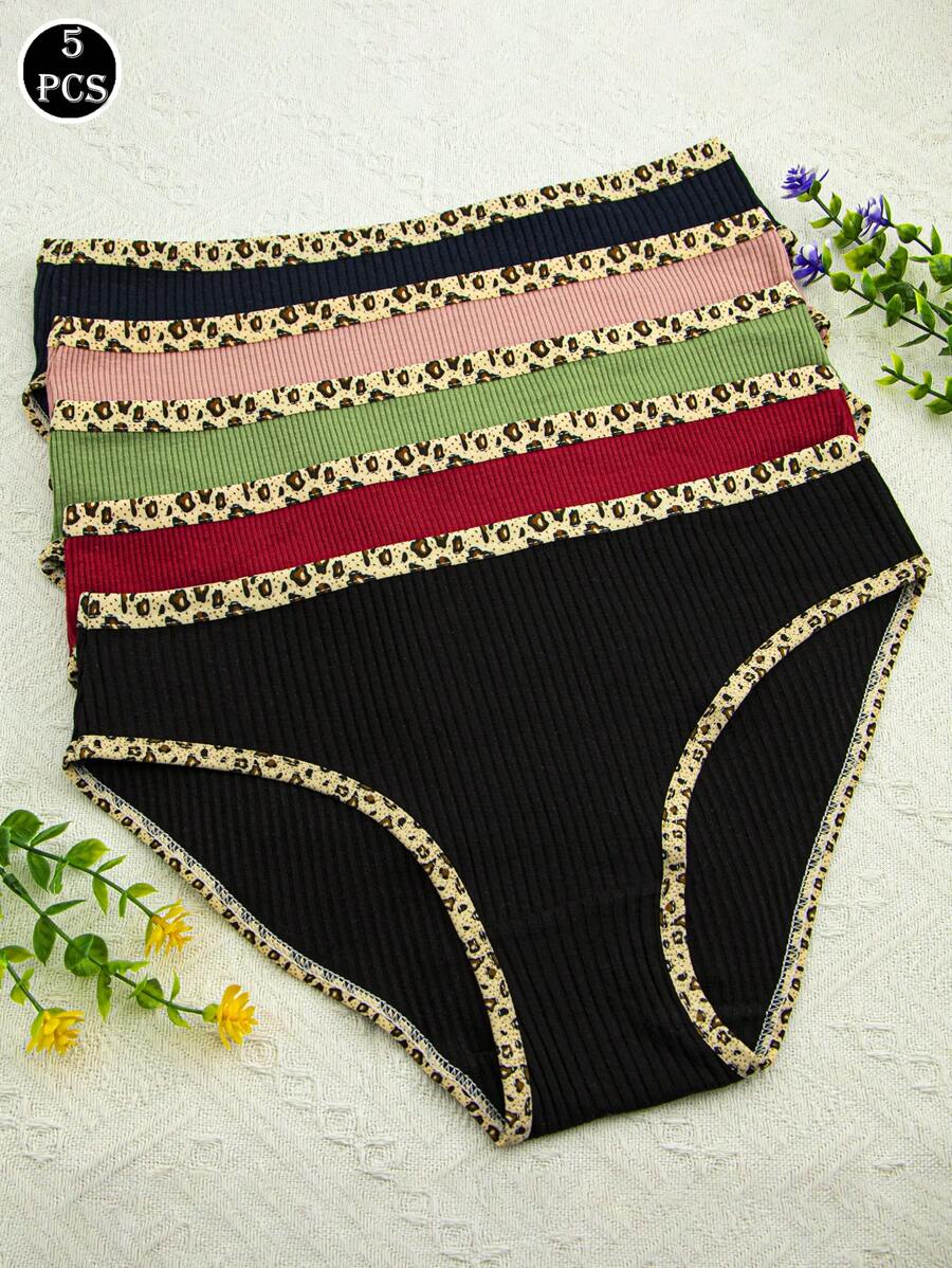 5pcs Women Leopard Print Trim Sexy Comfy Bikini Underwear - Multicolor - View 1