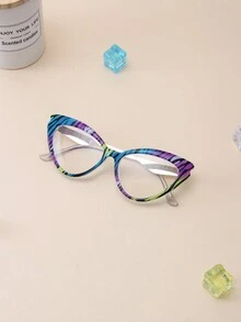 1 Cặp Kính Mắt Mèo Màu Sọc Kim Loại Trang Trí Trong Suốt, Thích Hợp Cho Việc Phối Đồ Hàng Ngày, Unisex - xanh tím - Xem 3