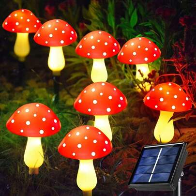 8pcs/12pcs/20pcs Solar Powered Red Mushroom String Lights, Warm Light Outdoor Patio LED Path Lights, Suitable For Garden, Grass, Fence, Flower Beds Nighttime Atmosphere Decoration (New Style/Old Style Random Shipment)