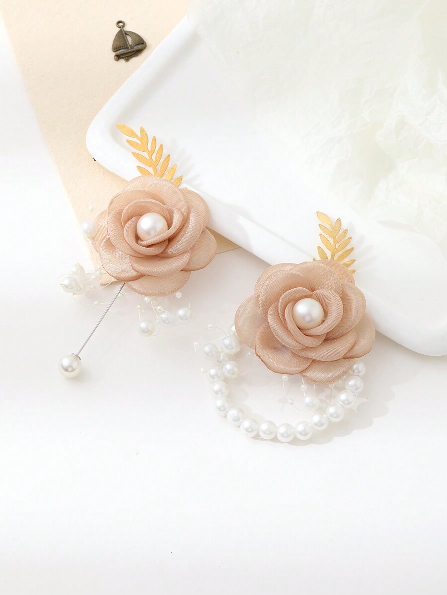 1pc Cream Lily Flower With Golden Leaves Pin Decoration For Groom/Bride
