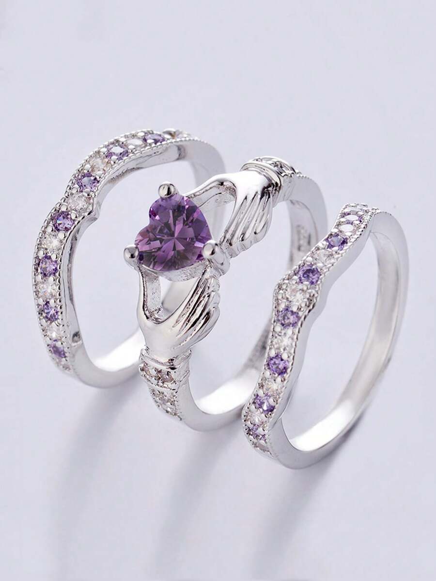 3 Pcs/Set Luxury Purple Crystal Ladies Ring Rhinestone Zirconia For Women Party Wedding Engagement Jewelry - Ring Set - View 1