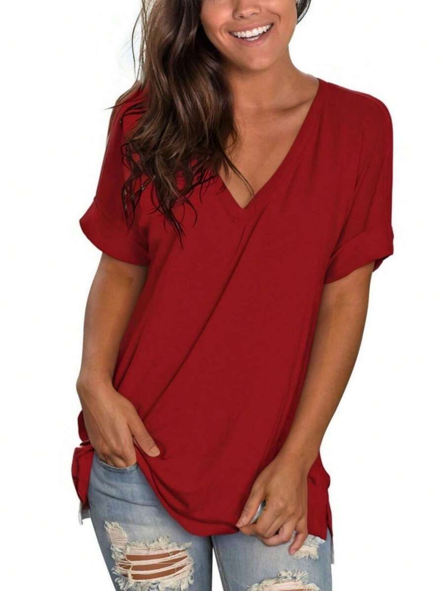 Women's Tshirts Casual V Neck Short Sleeve Loose Summer Tunic Tops - 酒紅色 - 查看 1