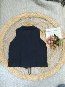 Women's Plain Viscose Linen Fabric Tank Top With Button - màu đen - Xem 3