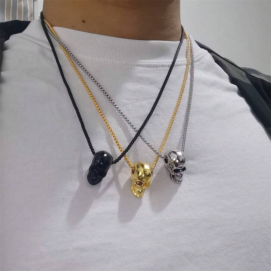 1 件/2024 欧美不锈钢骷髅吊坠项链，朋克风格简约时尚男士 - 彩色 - 查看 1
