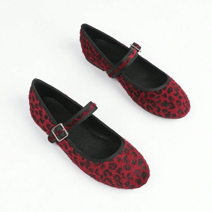 Giày bệt nữ họa tiết da báo màu đỏ rượu vang và thiết kế quai khóa thời trang, giày Mary Jane phong cách cổ điển thanh lịch, giản dị và thoải mái, thiết kế đơn giản kiểu Pháp, giày bệt nhẹ và thấp - Màu Đỏ Sâu - Xem 1