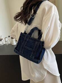 Korean Simple Large Capacity Shopping Bag, Fashionable Solid Color Casual Tote Handbag, Adjustable Shoulder Strap Crossbody Bag For Women