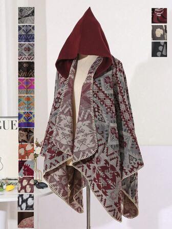 1pc Comfortable Geometric Patchwork Jacquard Shawl Cape