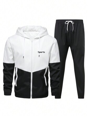 1 Set Men Spring Autumn Casual Sporty Letter Graphic Print Hooded Jacket And Drawstring Pants Tracksuit