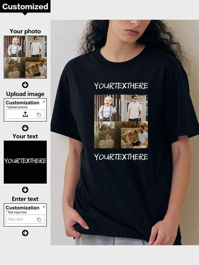 Customized Women's T-Shirts, Upload Your Favorite Pictures And Texts As Chest Prints, Pictures And Two Text Designs, Personalized T-Shirt Gifts For Family Members, Friends, Couples. Stylish, Hipster, Fashion, Contracted, Easy Costume, Modest Fashion, Minimal Chic, Casual Custom, Unique Treasurefinds, Guy Costumes, Capsule Wardrobe, Sporty Men Wear, Men Basic/Street Style Ideal Gifts For Him Boyfriend, Family, Friends, Children For Birthdays, For Vacation/Holiday Black