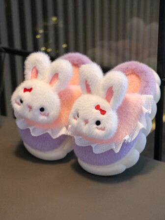 Kids Girls Slippers Cute Rabbit Plush Warm Lining Color Blocking Soft Bottom Indoor Warm Toddler/Little/Big Girls Fluffy Slippers