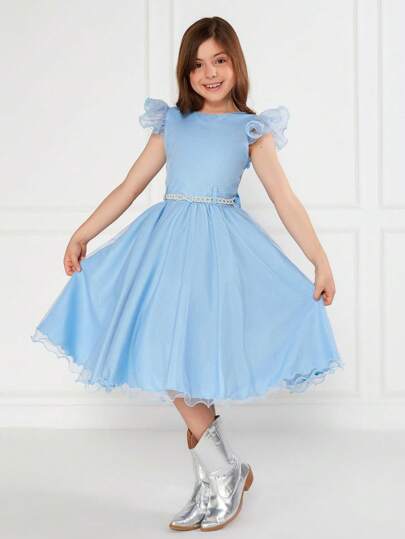 Vestido Infantil Godê Glitter Frufru Azul Claro Manga Godê Frufru Festa Cinto De Pérolas Rodado Princesa Menina Forrado Brilho Anivarsário Casamento Luxo
