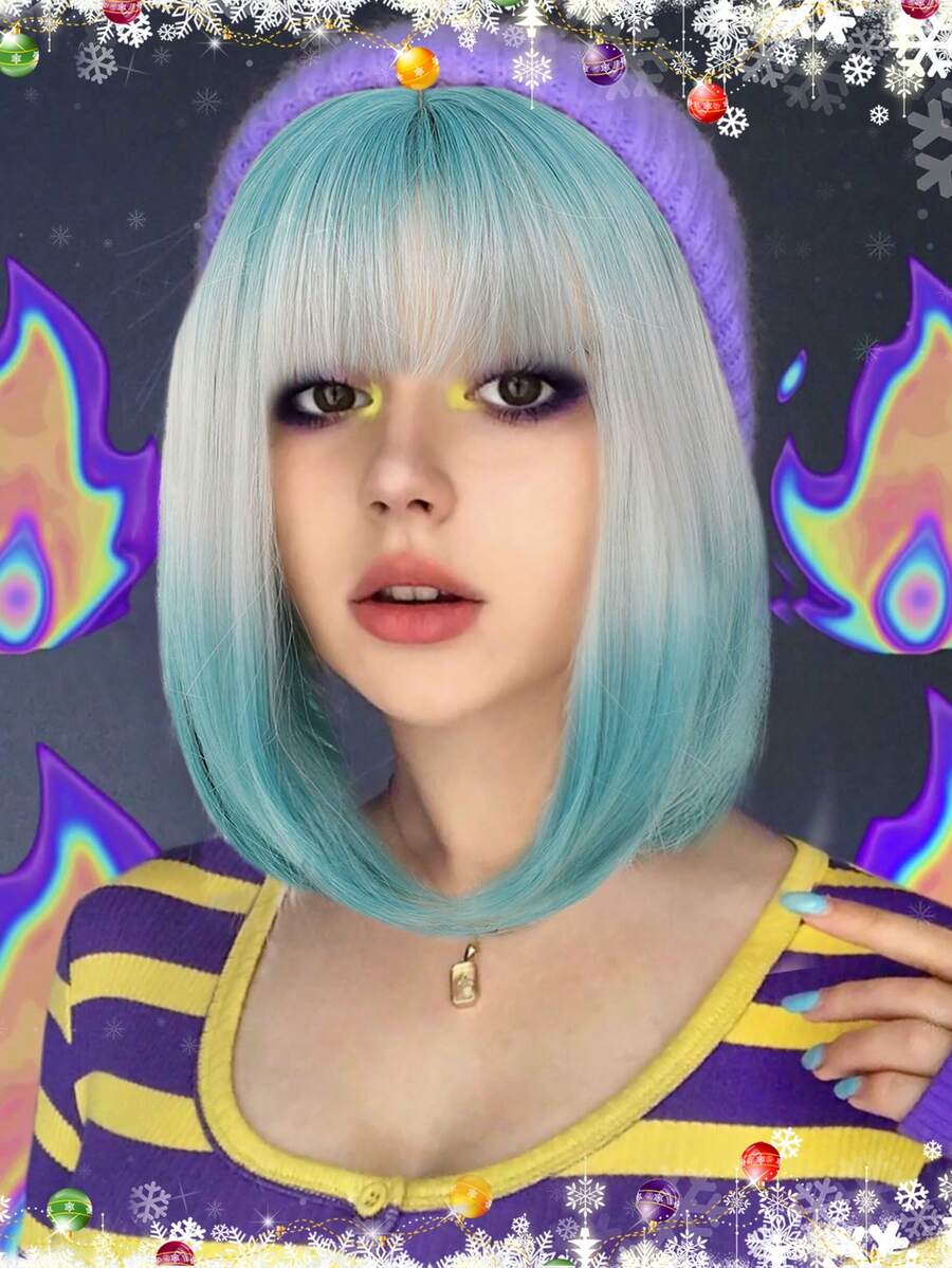 14 英寸蓝绿色/青色鲍勃假发，女士短直发，带刘海，灰色渐变色齐肩假发，耐热彩色合成渐变色假发，约会日圣诞节和新年假发派对万圣节角色扮演服装假发 - 彩色 - 查看 1