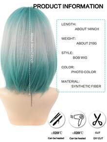14 英寸蓝绿色/青色鲍勃假发，女士短直发，带刘海，灰色渐变色齐肩假发，耐热彩色合成渐变色假发，约会日圣诞节和新年假发派对万圣节角色扮演服装假发 - 彩色 - 查看 3