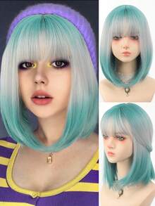 14 英寸蓝绿色/青色鲍勃假发，女士短直发，带刘海，灰色渐变色齐肩假发，耐热彩色合成渐变色假发，约会日圣诞节和新年假发派对万圣节角色扮演服装假发 - 彩色 - 查看 2