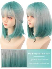 14 英寸蓝绿色/青色鲍勃假发，女士短直发，带刘海，灰色渐变色齐肩假发，耐热彩色合成渐变色假发，约会日圣诞节和新年假发派对万圣节角色扮演服装假发 - 彩色 - 查看 6