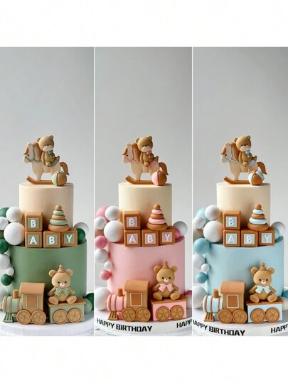 7 件套熊蛋糕装饰特洛伊熊火车车厢水气球彩虹塔用于淋浴生日派对蛋糕装饰用品