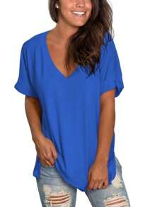Women's Tshirts Casual V Neck Short Sleeve Loose Summer Tunic Tops - Royal Blue - View 3