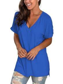 Women's Tshirts Casual V Neck Short Sleeve Loose Summer Tunic Tops - Royal Blue - View 4