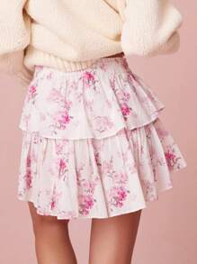 Womens Tiered Ruffled Short Skirts Floral Print Elastic Waist Curved Hemline Cute Flowy Miniskirts - Hồng - Xem 2