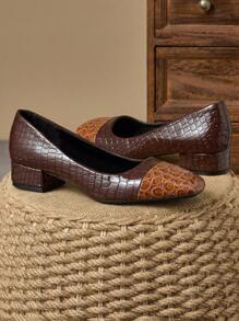 Moda feminina bico quadrado textura de pele de cobra salto baixo estampa de leopardo sapatos casuais retrô versáteis para férias, viagens, uso ao ar livre e diário, várias opções de cores
