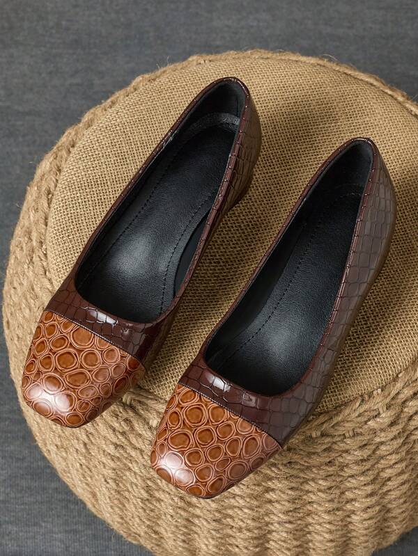Moda feminina bico quadrado textura de pele de cobra salto baixo estampa de leopardo sapatos casuais retrô versáteis para férias, viagens, uso ao ar livre e diário, várias opções de cores
