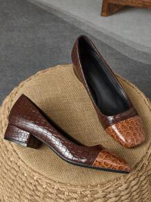 Moda feminina bico quadrado textura de pele de cobra salto baixo estampa de leopardo sapatos casuais retrô versáteis para férias, viagens, uso ao ar livre e diário, várias opções de cores