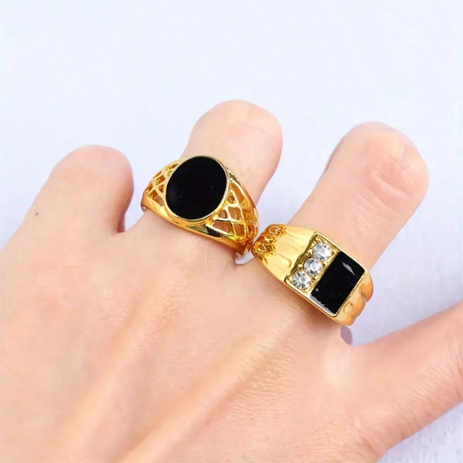 10pcs/Pack Fashion Black Enamel Zinc Alloy Rings Set, Vintage Elegant