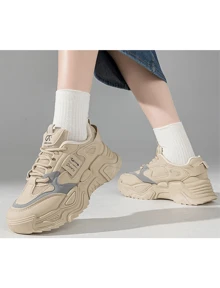 Women's Fashion Thick-Soled Sneakers, Lightweight Retro Design, White Material, Comfortable - 卡其色 - 查看 3