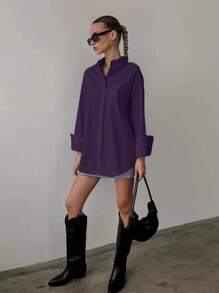 QIANZHIDU Chemise ample à manches longues de couleur unie pour femmes, idéale pour les entretiens d'embauche, les déplacements professionnels et les tenues décontractées minimalistes. Convient pour la rentrée scolaire, la remise des diplômes, le bureau, le printemps, l'été et l'automne. Simple et élégante, adaptée au printemps, à l'été et à l'automne. - Prune - Voir 3