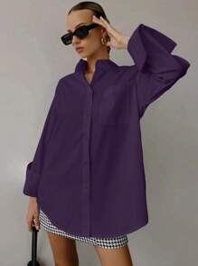 QIANZHIDU Chemise ample à manches longues de couleur unie pour femmes, idéale pour les entretiens d'embauche, les déplacements professionnels et les tenues décontractées minimalistes. Convient pour la rentrée scolaire, la remise des diplômes, le bureau, le printemps, l'été et l'automne. Simple et élégante, adaptée au printemps, à l'été et à l'automne. - Prune - Voir 5