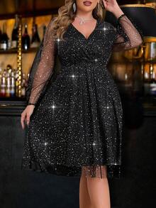 Robe de soirée élégante à manches longues avec taille élastique en maille argentée brillante, taille grande pour femme - Noir - Voir 3