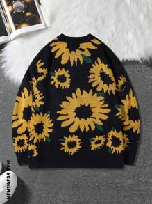 Pull tricoté ample à motif jacquard floqué tournesol rétro pour hommes, style de haute rue, automne/hiver