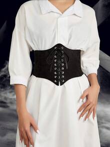 Đầm thời trang mới phong cách Âu Mỹ cho nữ thắt lưng bản rộng họa tiết da báo cạp chun trang trí - màu đen - Xem 1