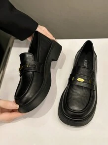 Giày Oxford đế thô cổ điển mũi tròn màu nâu dành cho nữ, giày lười đế phẳng kiểu Pháp Anh mới mùa xuân thu 2024 màu đen đế xuồng - màu đen - Xem 1