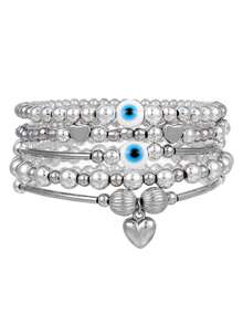 7 件套波西米亚风格串珠手链套装，邪眼吊坠可调节手链，适合派对、礼物和日常佩戴 - 銀色 - 查看 2