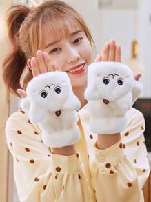 1双可爱兔子半指翻盖手套，冬季毛绒保暖卡通防寒，适合学生写字、键盘打字和日常使用