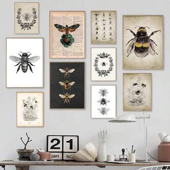 1 pieza Póster vintage de abejas, impresión de abejorros volando, ilustración de insectos, arte de pared de entomología, pintura en lienzo, decoración educativa de ciencia, decoración de pared sin marco, con opción de marco