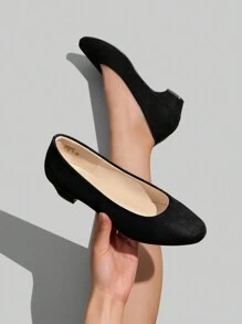 Zapatos de tacón ancho bajo para mujer, de unicolor, con puntera redonda, cómodos y versátiles para trabajo y ocasiones formales - Ante negro - Ver 5