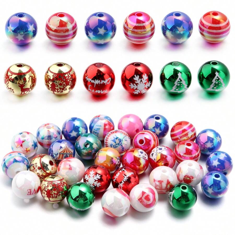 10pcs/Pack UV Acrylic Printed Beads, Patriotic & Christmas Clown Styles, Craft DIY Jewelry Making, Suitable For Bracelets, Necklaces, Phone Straps, Keychains