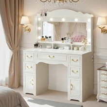 Janfly Large Vanity Desk With Mirror And Lights, Makeup Vanity With Power Out, Makeup Table With 5 Drawers, 3 Color Modes Available For Bedroom, White - 白色 - 查看 3
