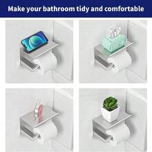 1 件带电话支架和卫生纸挂钩的卫生纸架，壁挂式纸巾卷收纳架，不锈钢卫生纸分配器 - 銀色 - 查看 5