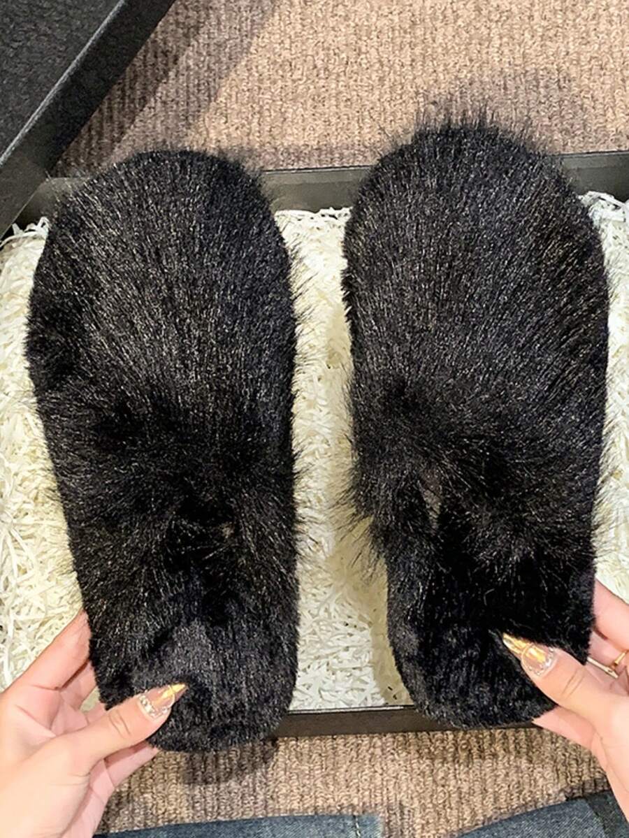 女士蓬松温暖毛绒拖鞋，舒适室内户外毛绒凉鞋 - 黑色 - 查看 1
