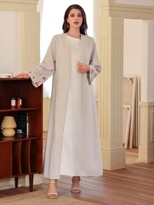 1 件女士亚麻超长连衣裙，带刺绣图案，阿巴亚，迪拜阿拉伯穆斯林长袍开衫，宽松蝙蝠袖，缎面哑光面料，适合日常、聚会、旅行 - 杏色 - 查看 4