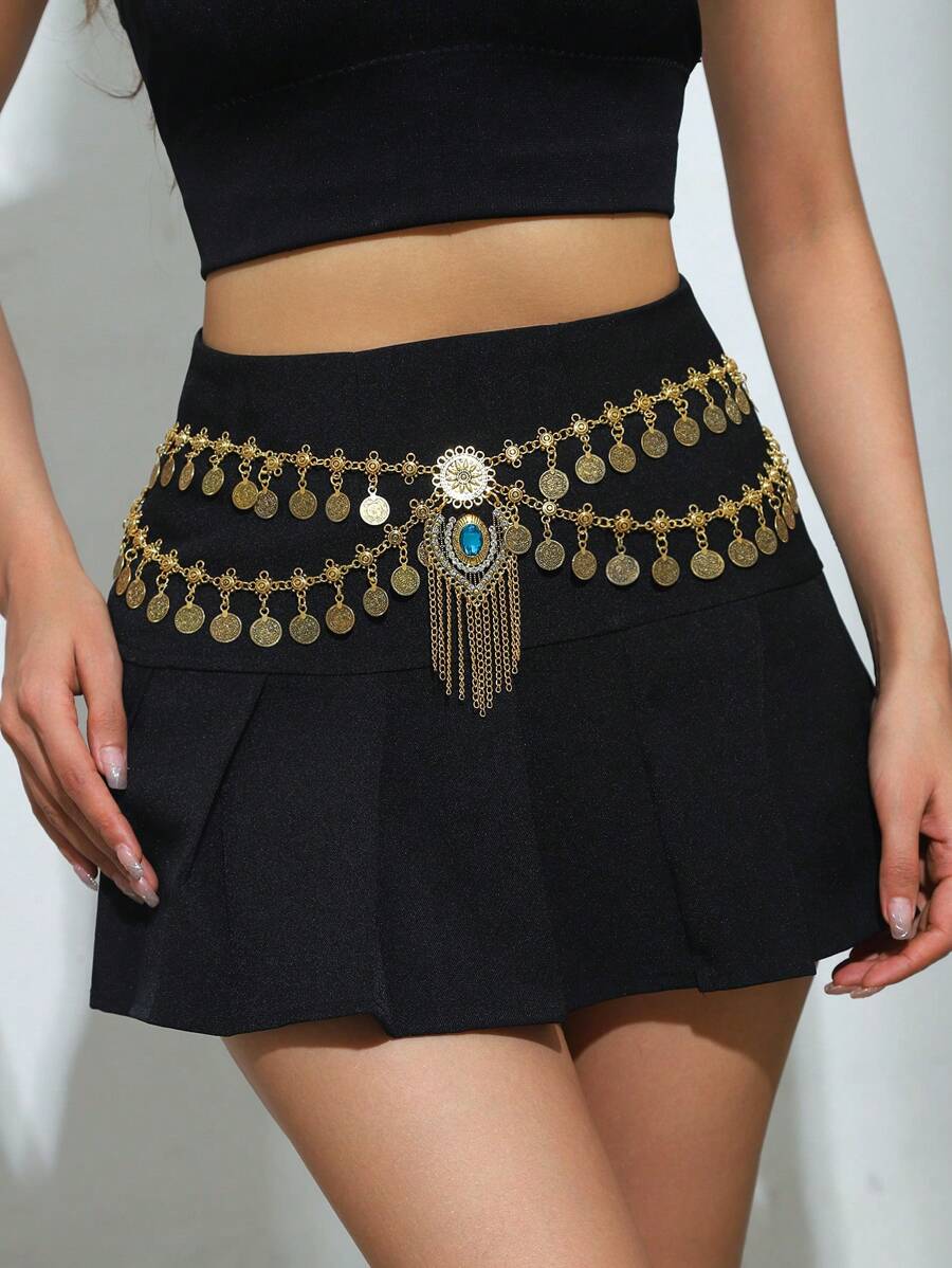 1pc Retro Exaggerated Distressed Metal Chain Crescent Disc & Tassel Waist Chain Body Jewelry, Bohemian Style High-End, Suitable For Women Party Dress And Occasion Wear