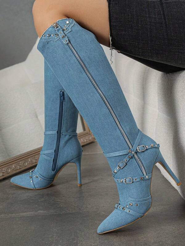 Women's Pointed Toe Side Zipper Stiletto Ankle Boots, Blue Handmade Beaded New Fashion Boots, Autumn/Winter