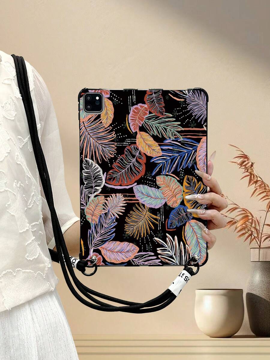 2022 New Leaf Painted Detachable Crossbody Long Strap Black Flat Painted Transparent IPad Protective Case Tương thích với Ipad 10.2 2021, IPad Air 5, IPad thế hệ thứ 9, IPad Mini 6, IPad thế hệ thứ 8, IPad Pro 11, IPad thế hệ thứ 7, IPad 10.2 2018, Soft Cover Anti Drop - Nhiều màu - Xem 1