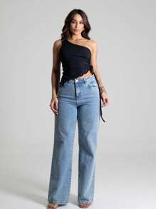 Women's Mula Manca Blouse One Shoulder Adjustable Gathering On The Side Various Colors Christmas Get-Together Beach Summer Cropped Top - 黑色 - 查看 3