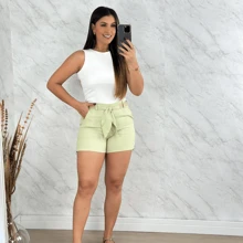 Women's Linen Shorts, Comfortable, Casual, Tailored, With Knife Pockets. - 薄荷綠 - 查看 6