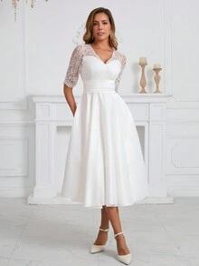 Romantic Lace Bridal Shower Dress Satin Mid Sleeve Umbrella Dress, Wedding Dress,Bride